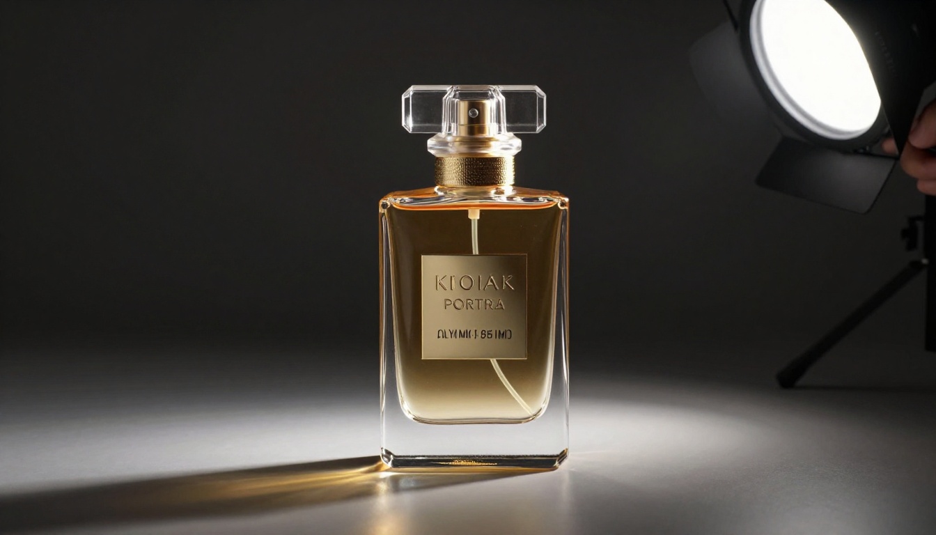 E-commerce product photographer with luxurious AI-generated 3D perfume bottle visualization