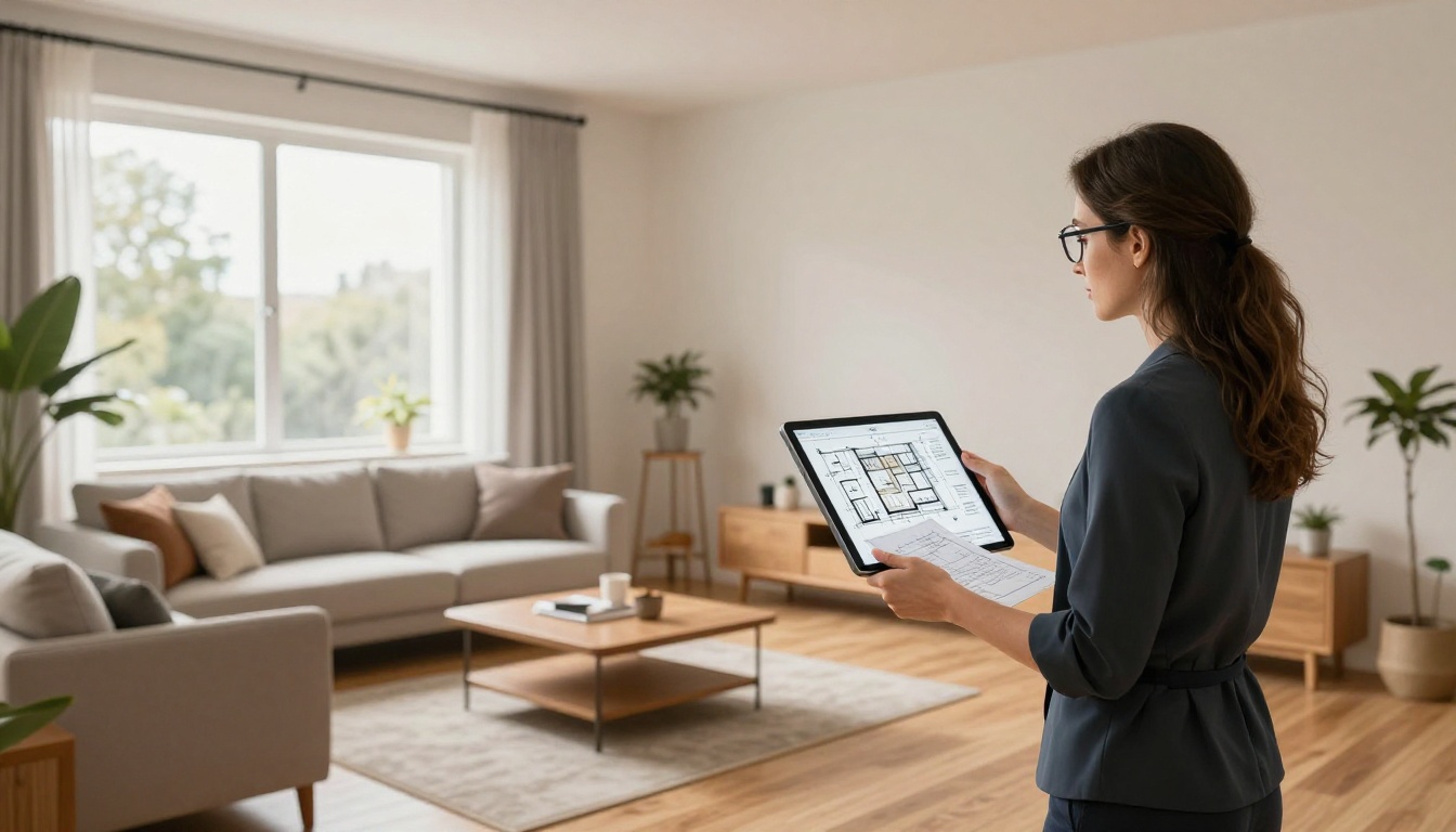 Interior designer with AR tablet overlay visualizing AI-generated 3D living room design
