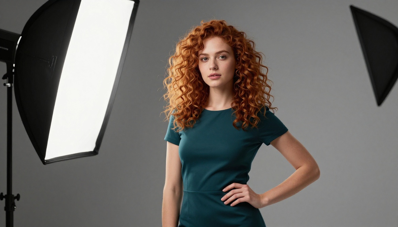 Studio portrait of woman with curly auburn hair demonstrating complex edge segmentation challenges