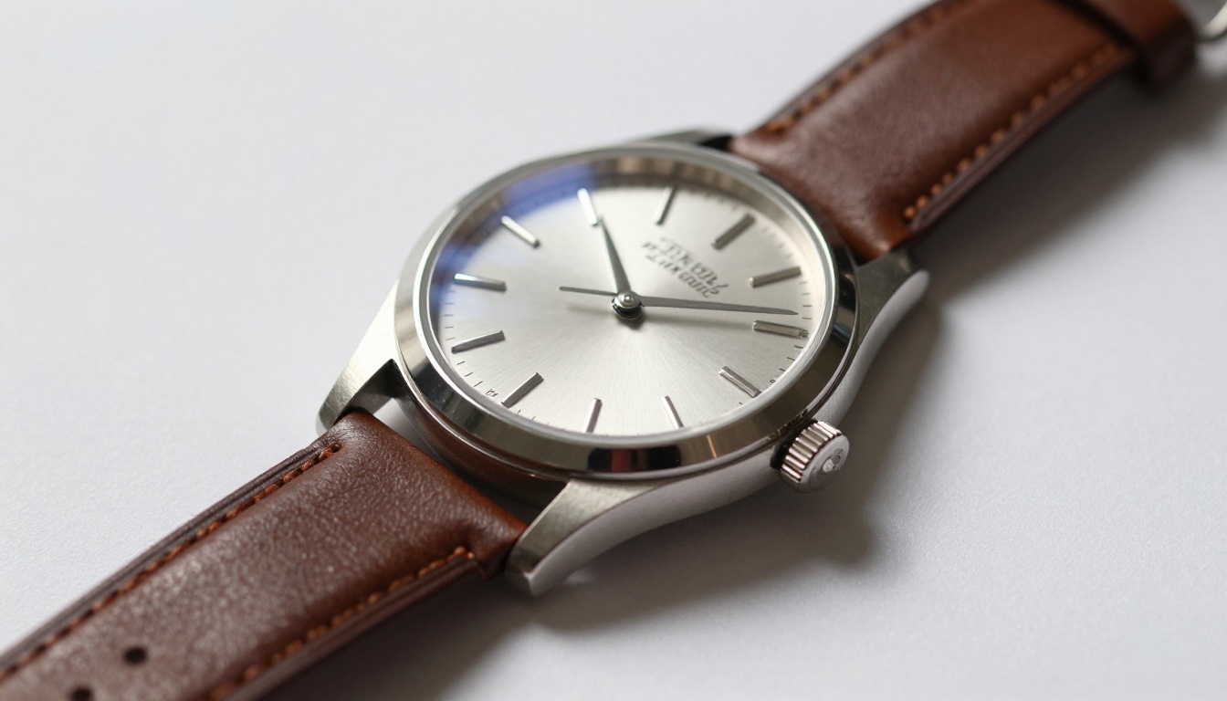 Luxury watch product shot with clean white surface and precise metal edge detail