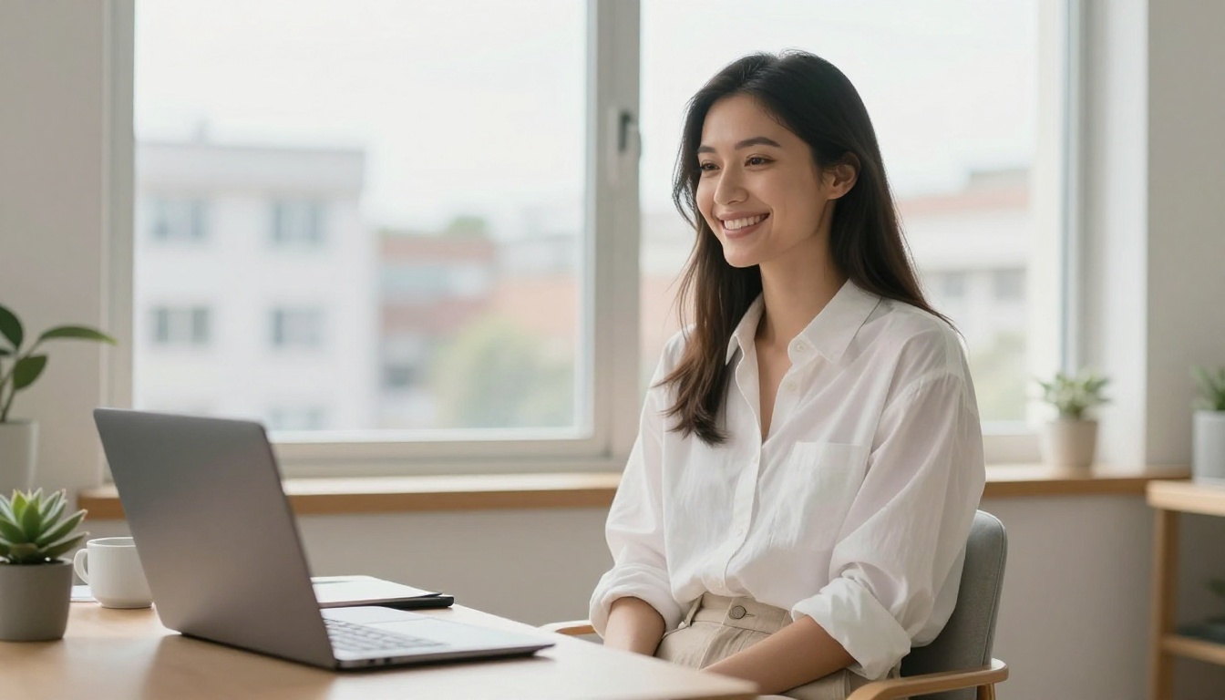 Content creator at bright home office desk with natural window light from behind