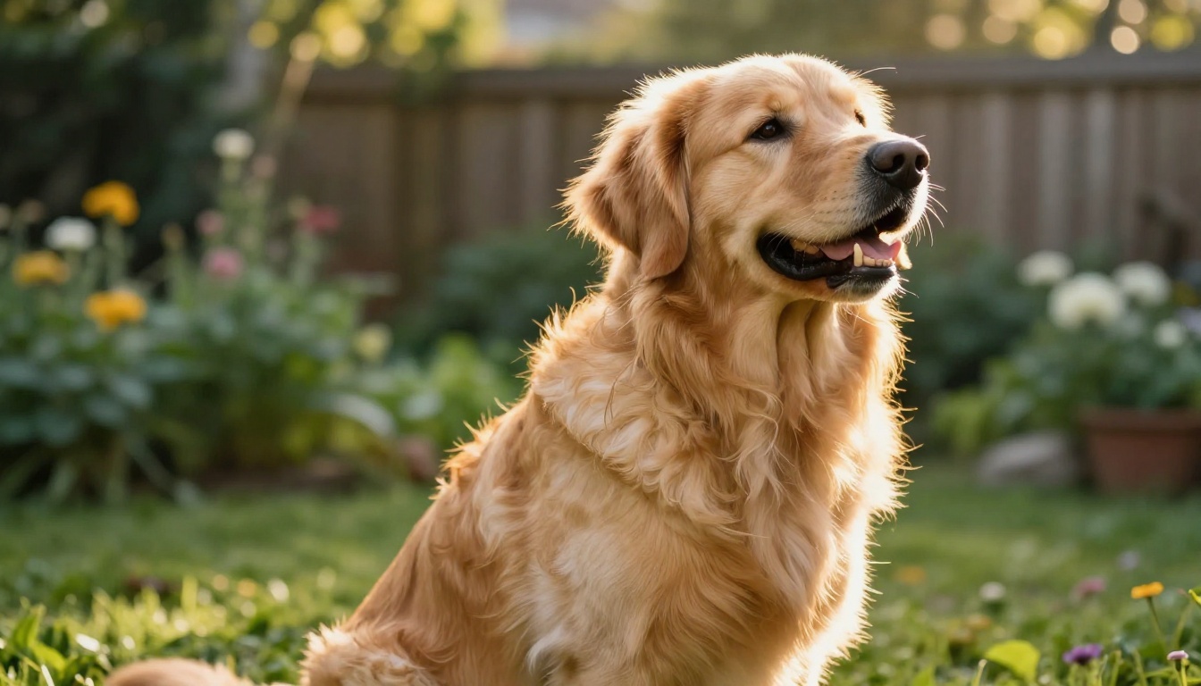 Golden retriever with complex fur edges catching afternoon backlight against blurred garden background