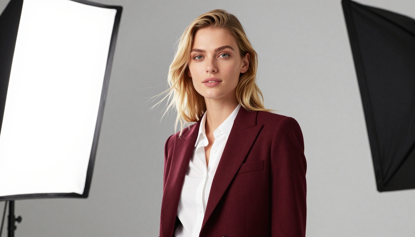 E-commerce model in burgundy blazer photographed against clean studio backdrop for product shoot