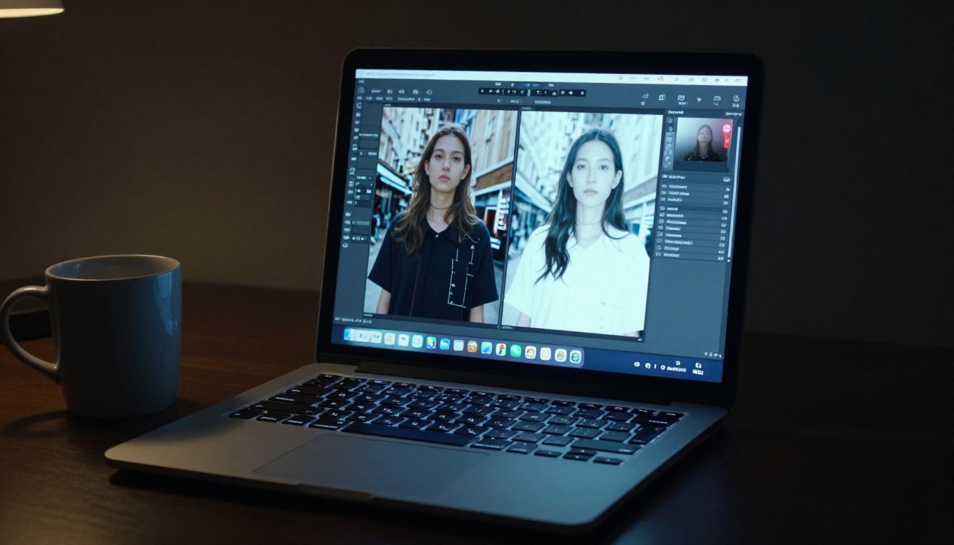 Laptop screen at night showing AI background removal interface with before-and-after portrait comparison