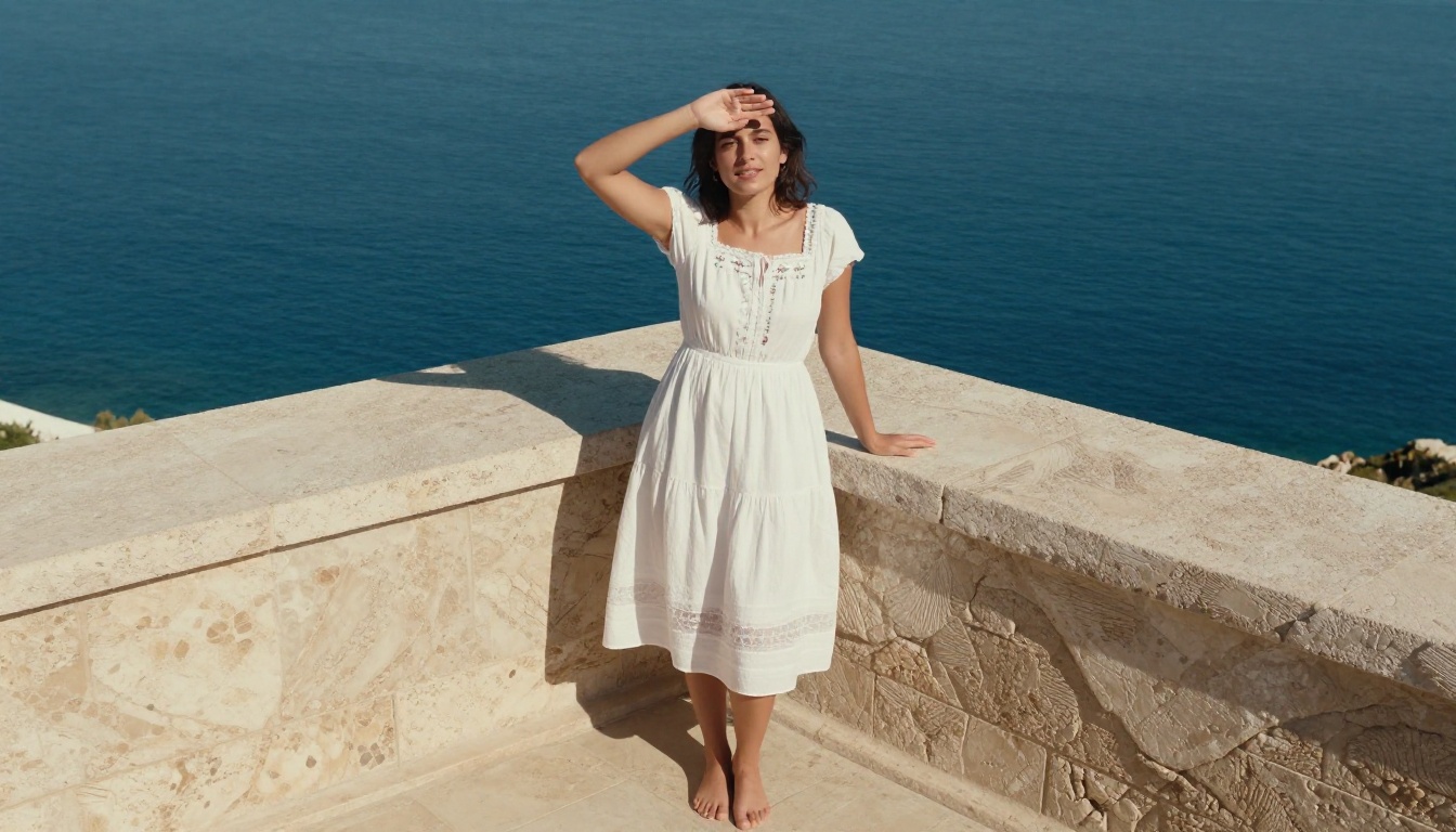 Aerial view of woman in white sundress on Mediterranean terrace with deep blue sea below