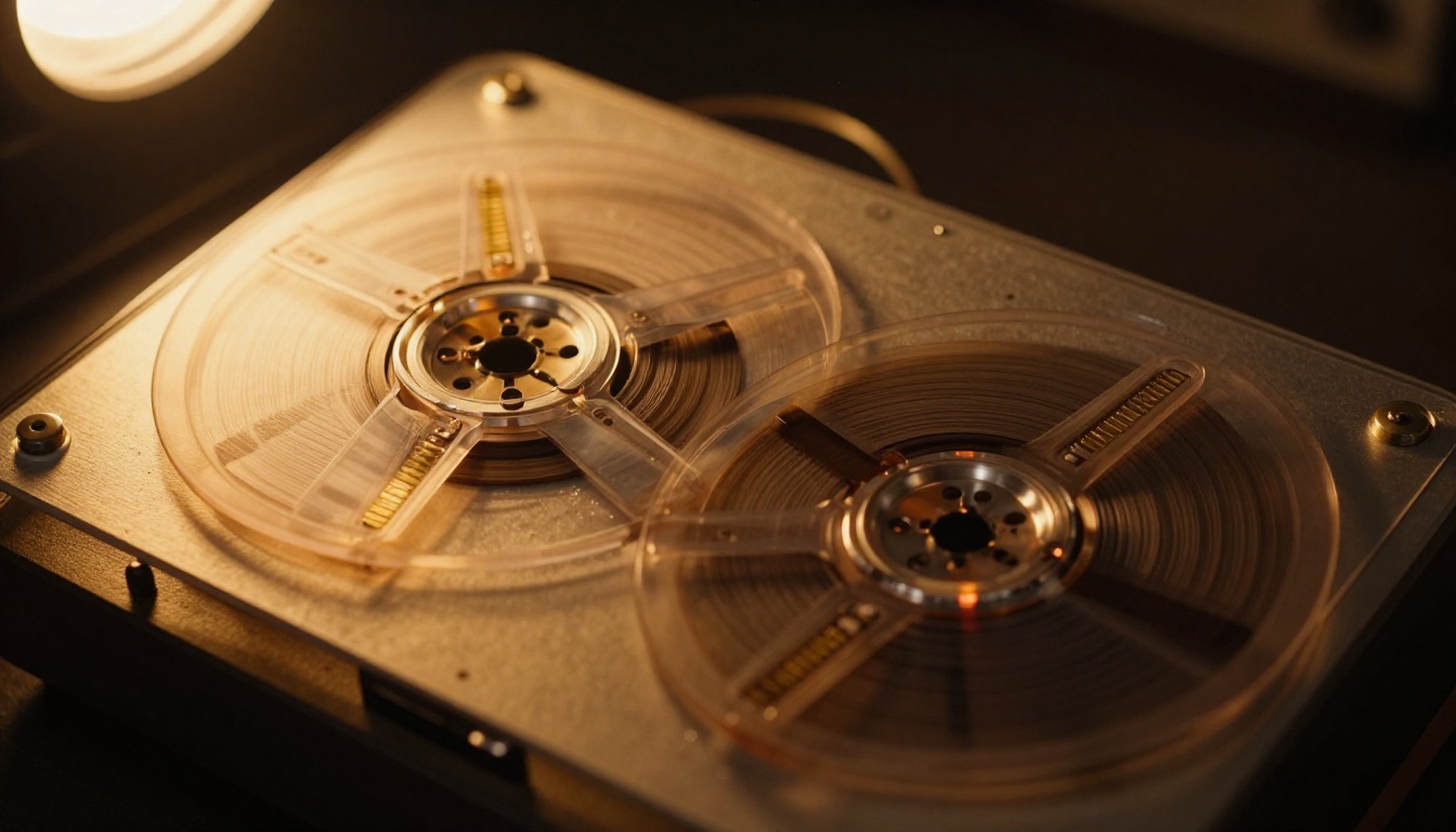 Macro close-up of vintage reel-to-reel tape machine showing analog audio heritage