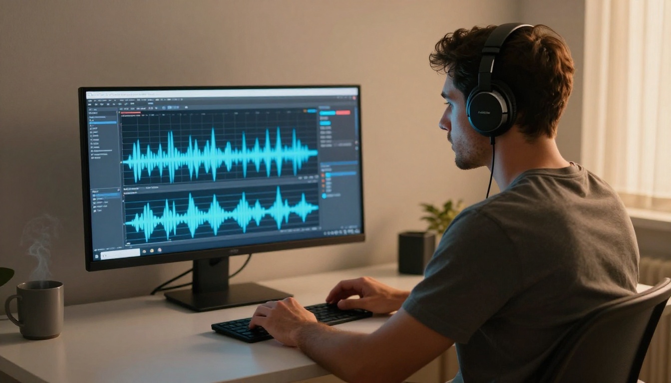 Man reviewing audio waveforms on a monitor with headphones