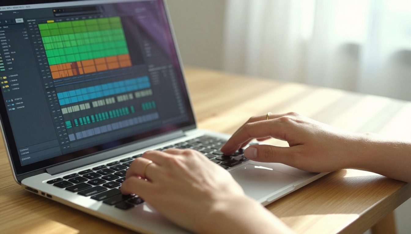 Woman's hands on laptop displaying audio editing waveforms in home office