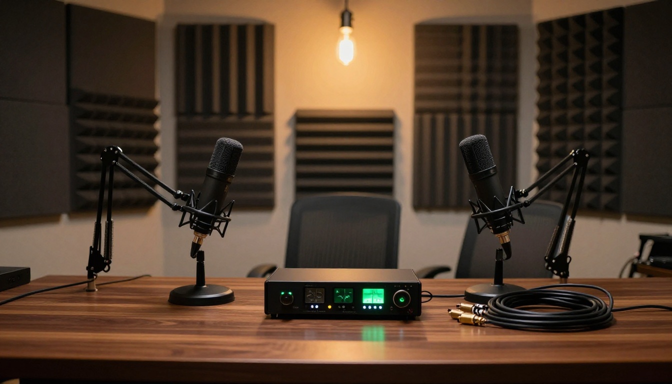 Professional podcast studio desk with two condenser microphones and audio interface
