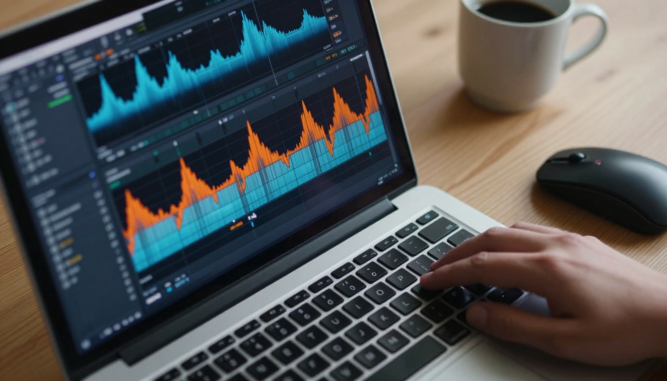 Audio waveforms on laptop screen showing transcription workflow