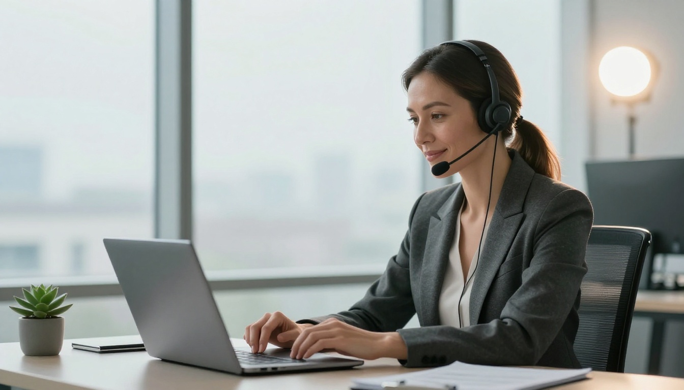 Woman with headset at corporate desk using voice AI technology