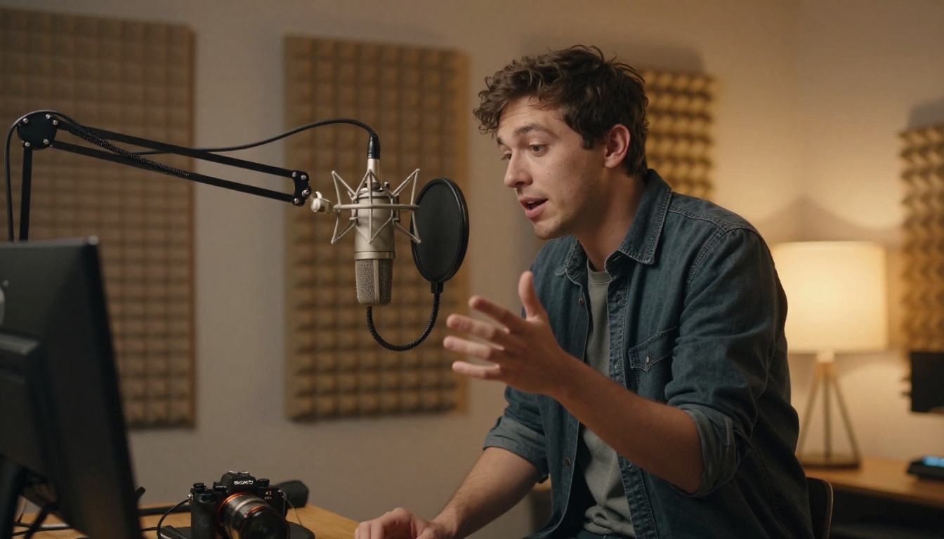 Podcast recording session with broadcast microphone in studio