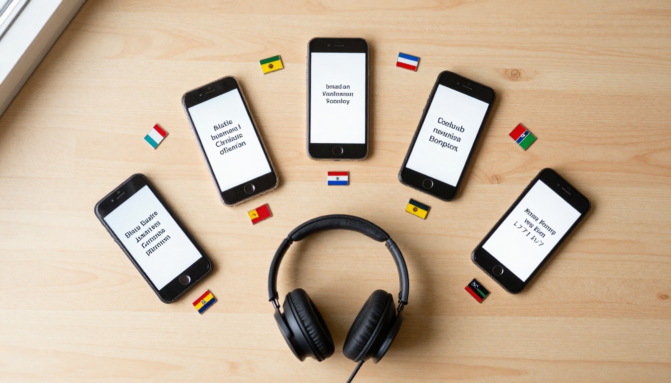 Aerial flat-lay of smartphones displaying different language scripts with national flags and headphones