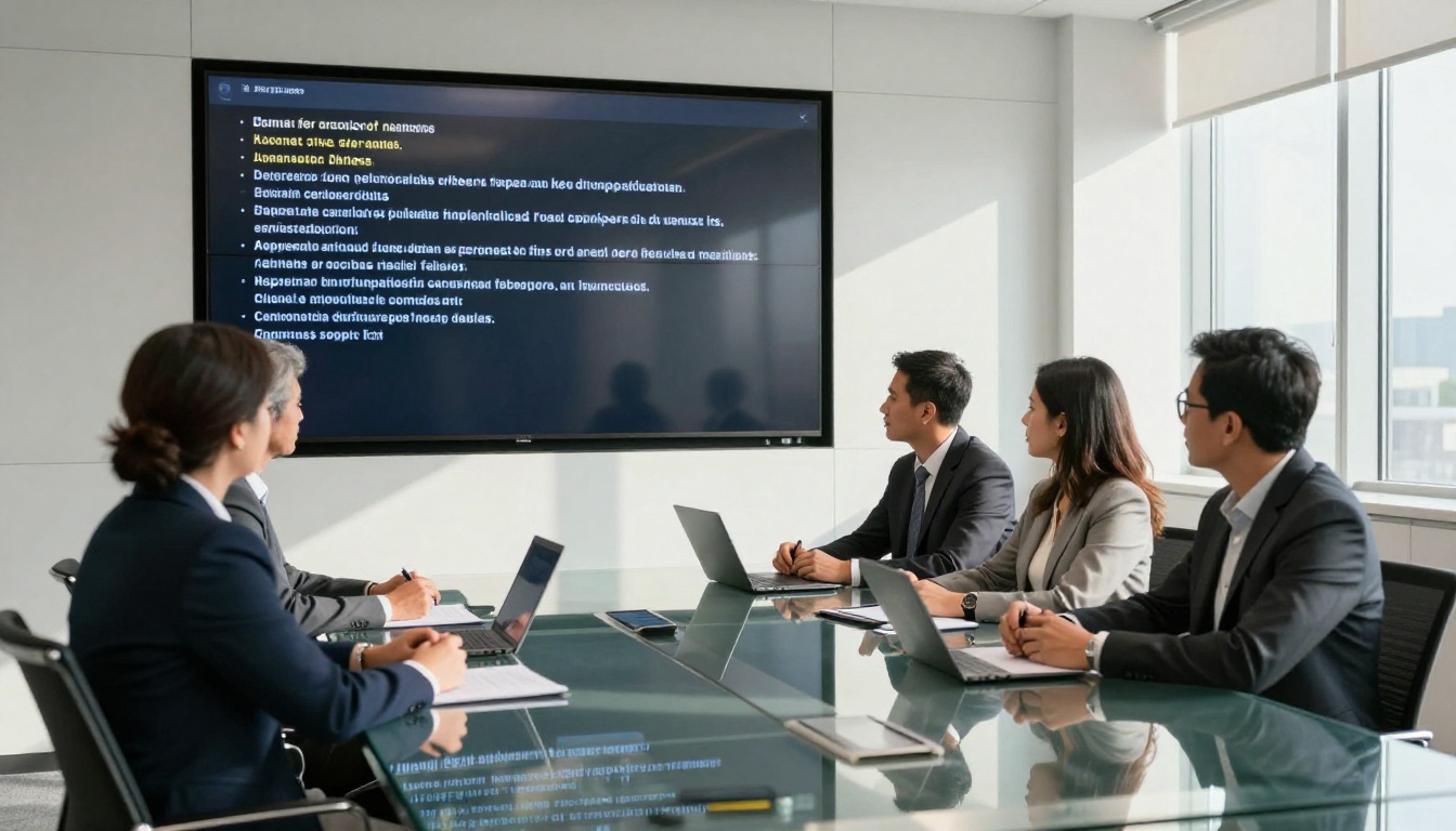 Corporate meeting room with real-time transcription displayed on wall screen