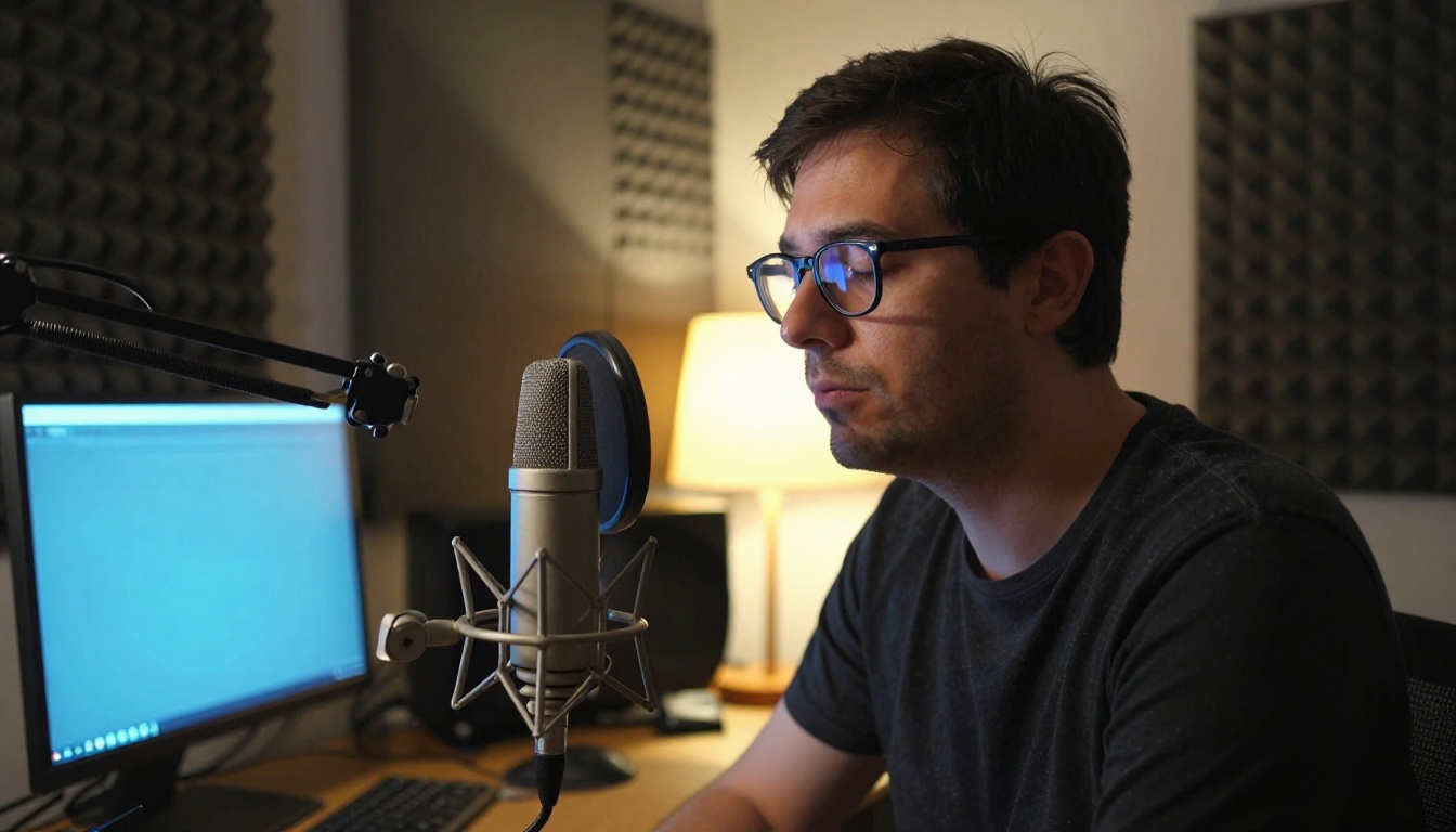 Man recording in home studio with condenser microphone and calm concentration