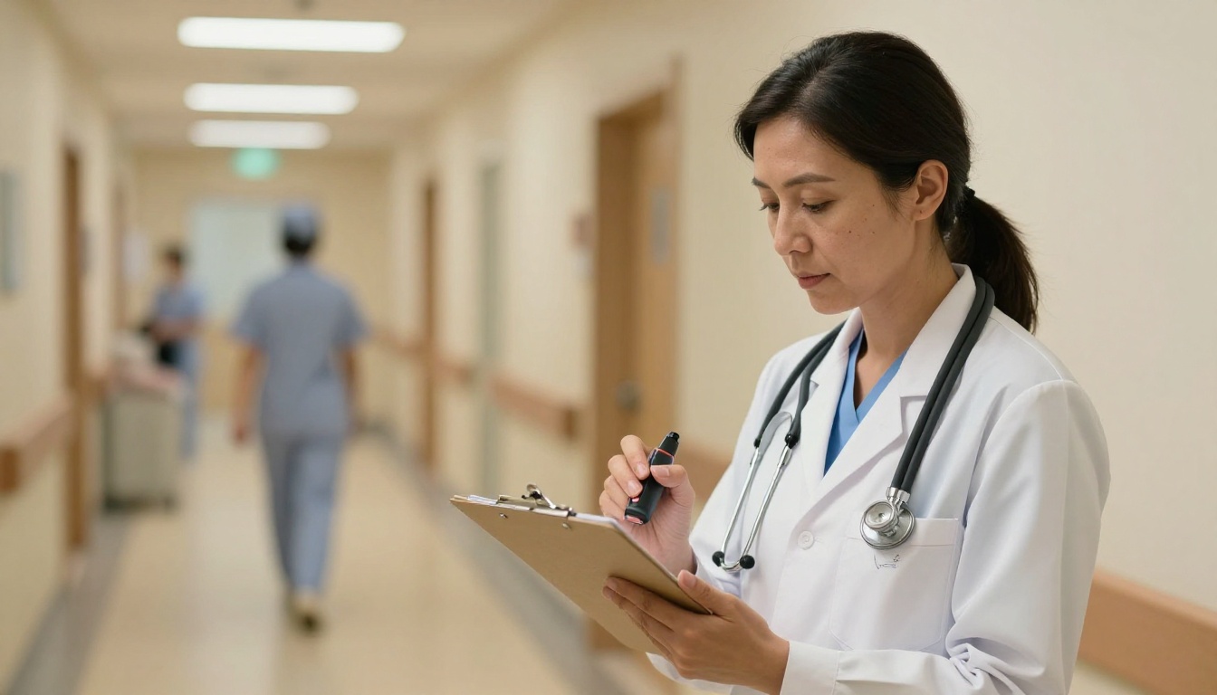Medical doctor dictating patient notes into voice recorder in hospital corridor