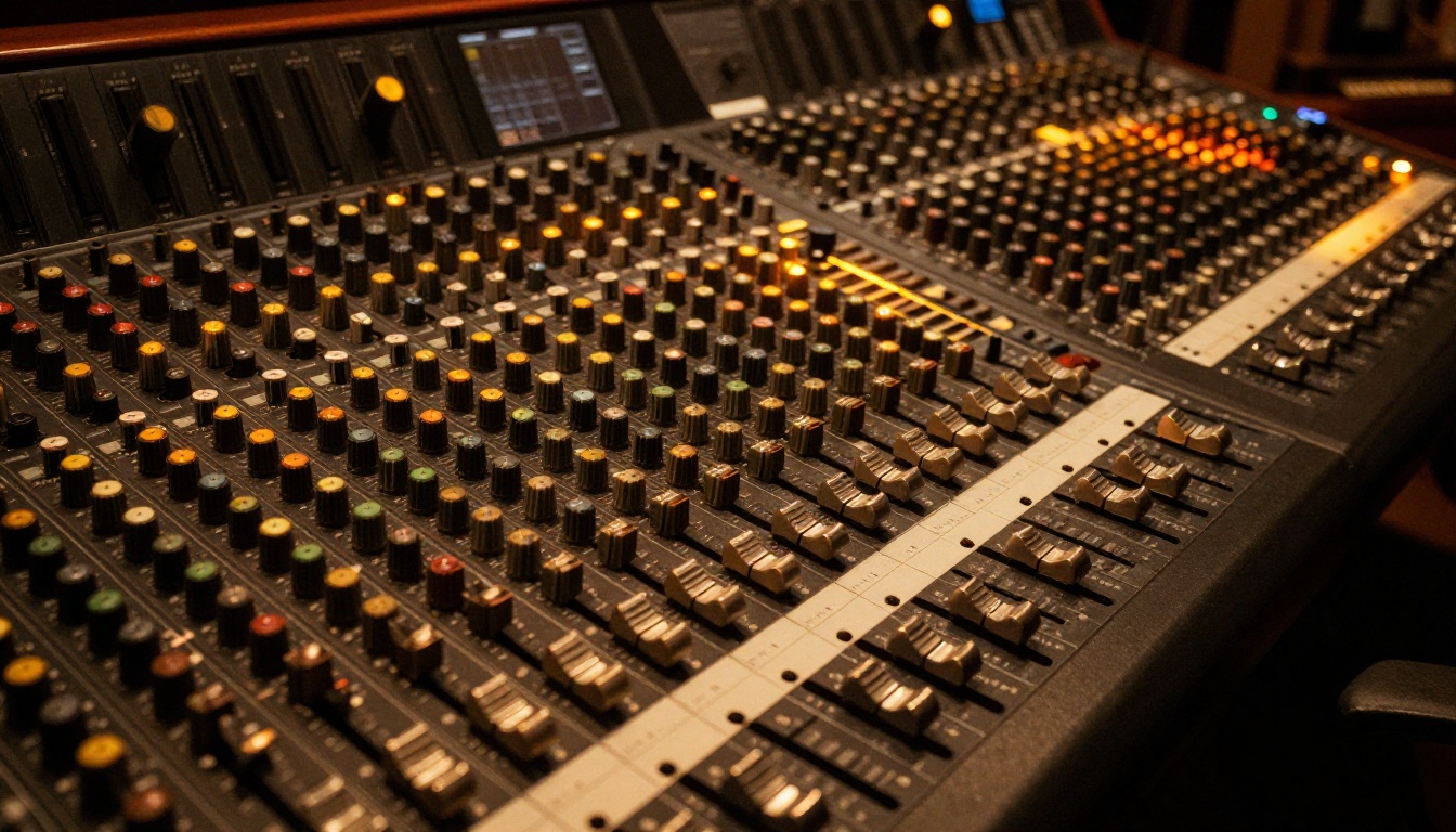 Professional SSL mixing console overhead shot in dark recording studio