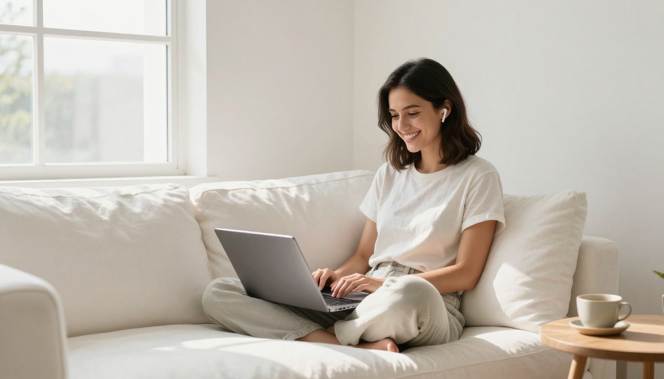 Young woman smiling on white sofa with laptop and earbuds generating audio content