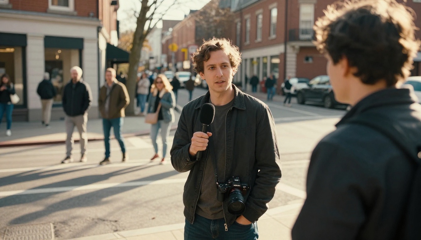 Journalist holding directional microphone during outdoor street interview
