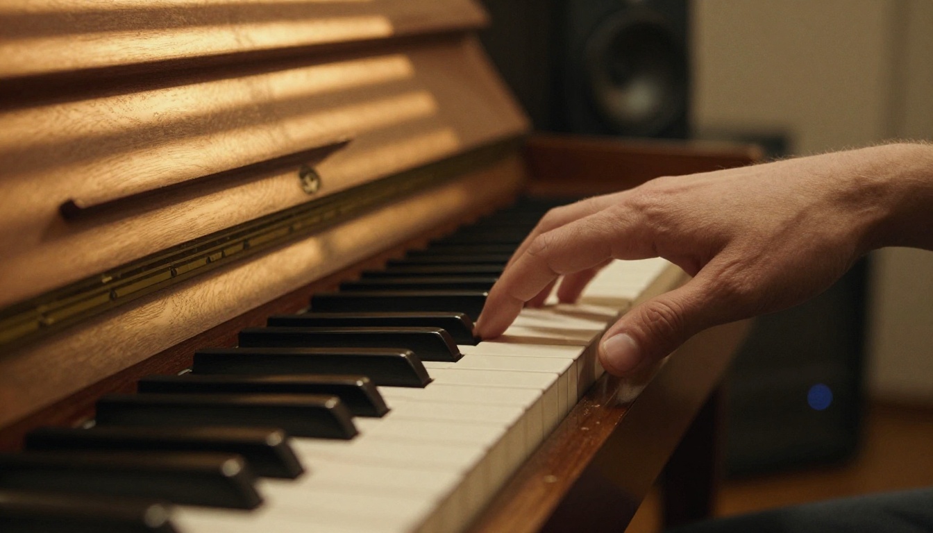 Piano keys in a recording studio with warm tungsten light