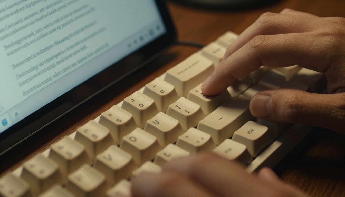 Close-up of hands typing on cream mechanical keyboard with transcription document on screen