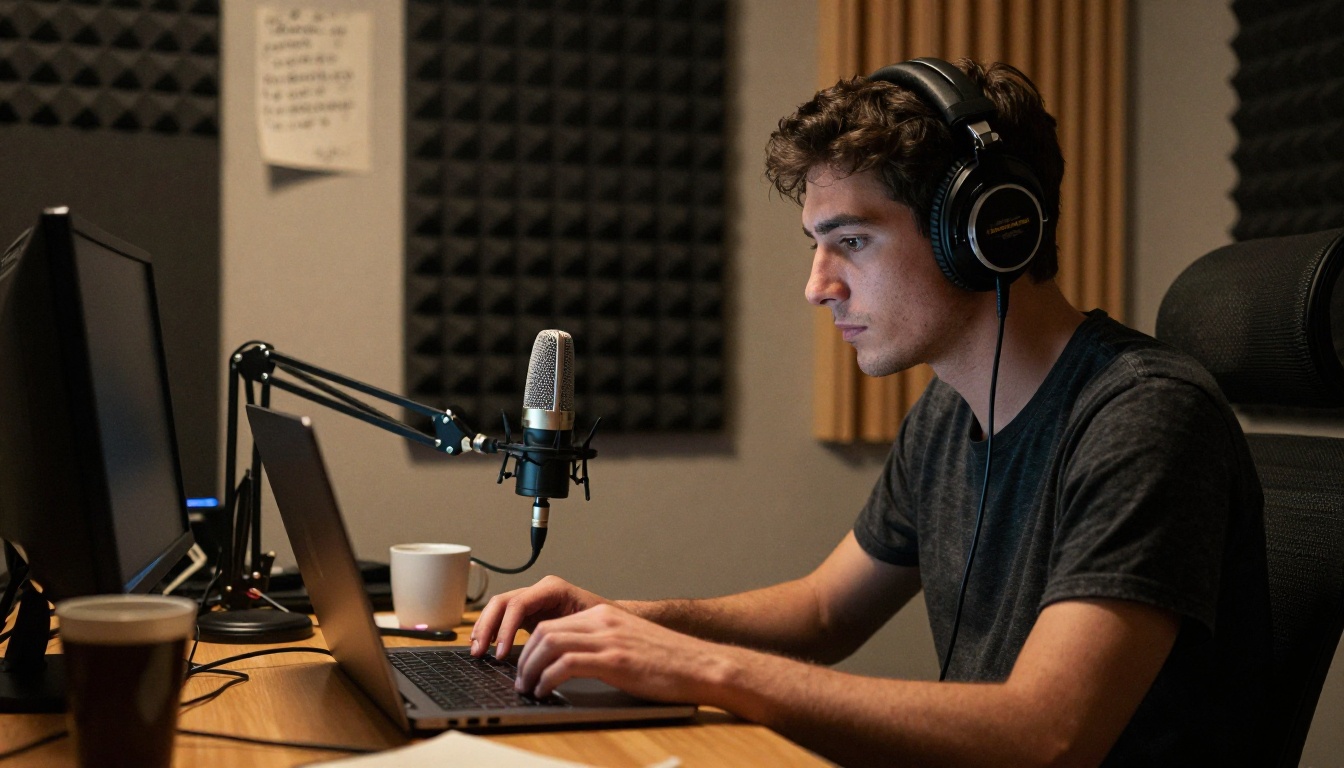 Young man with headphones at home recording studio