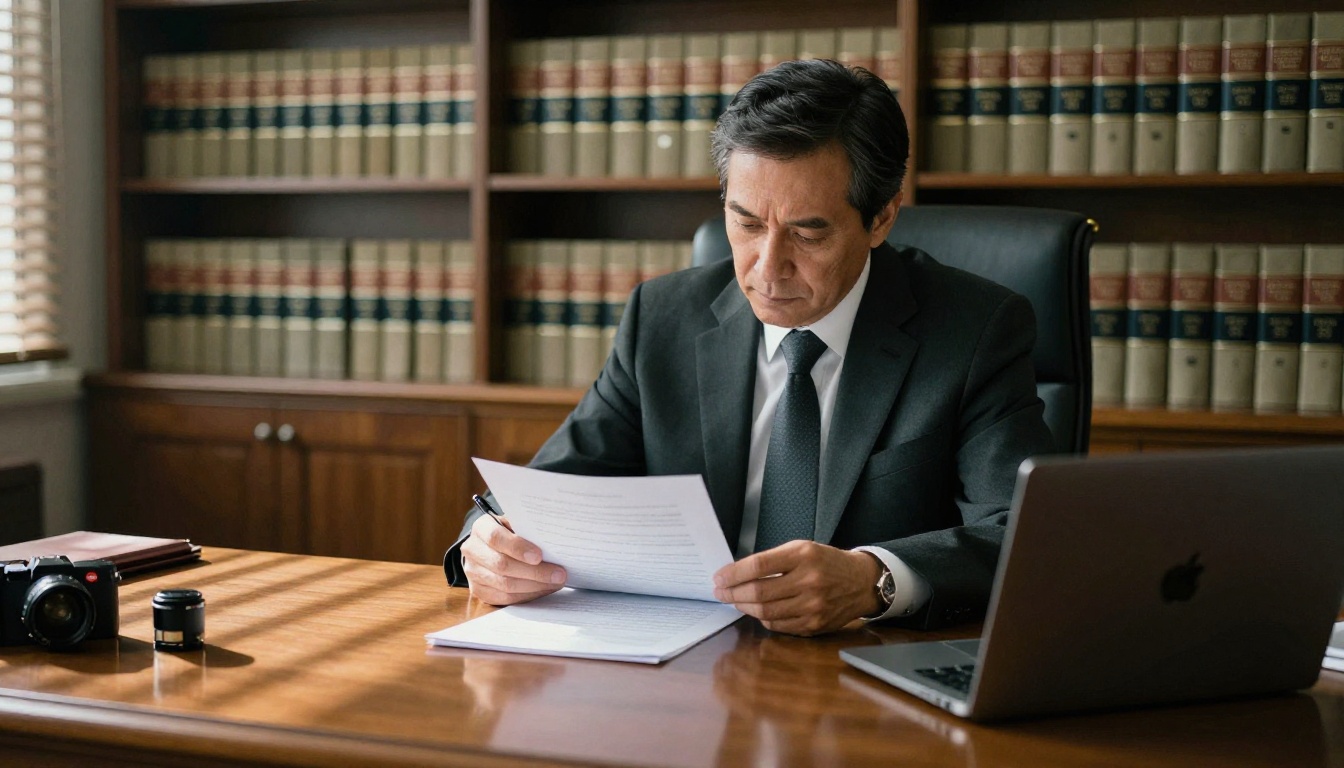 Legal professional reviewing printed transcription documents at mahogany desk