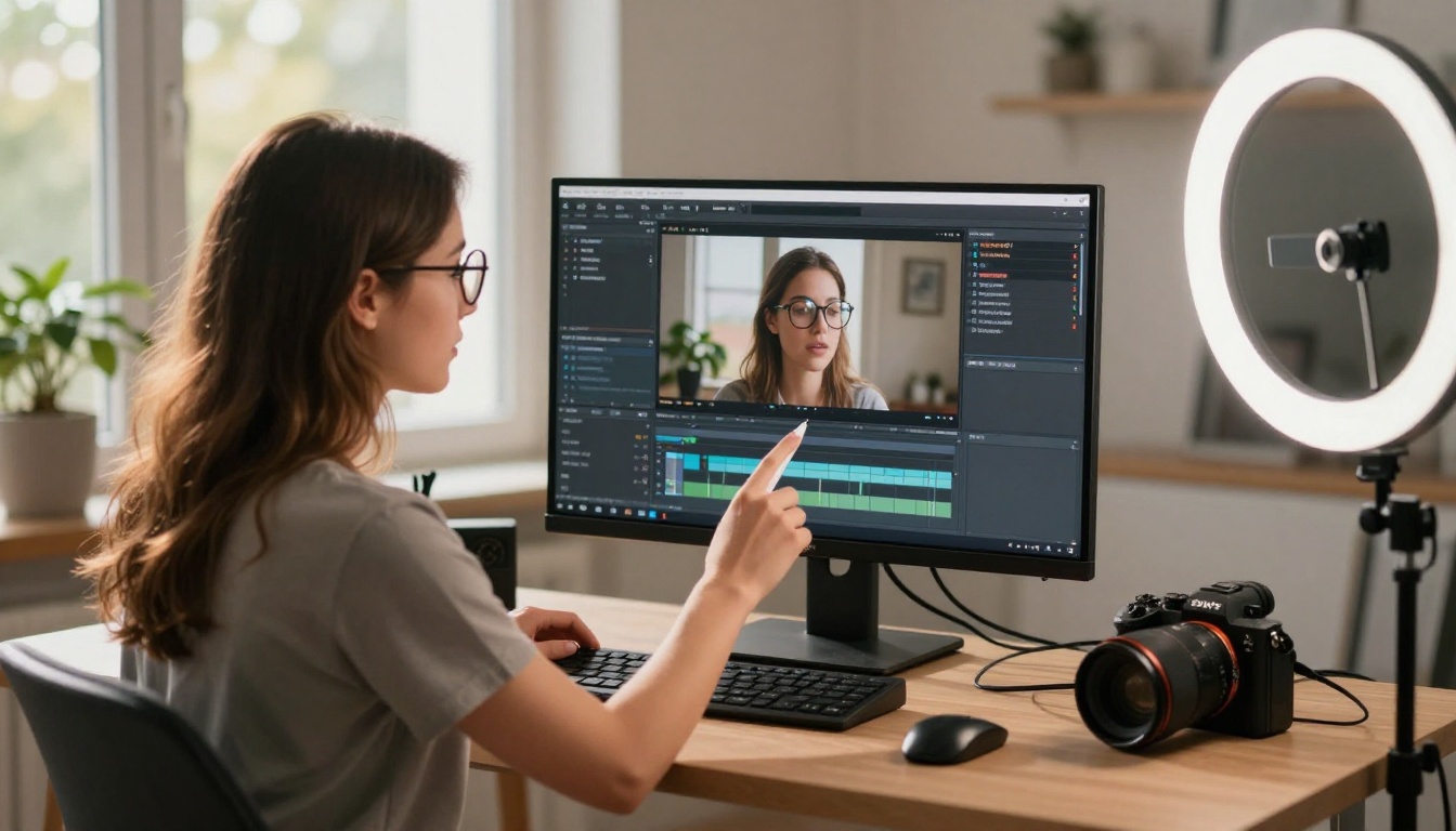 Content creator reviewing video captions on editing software monitor