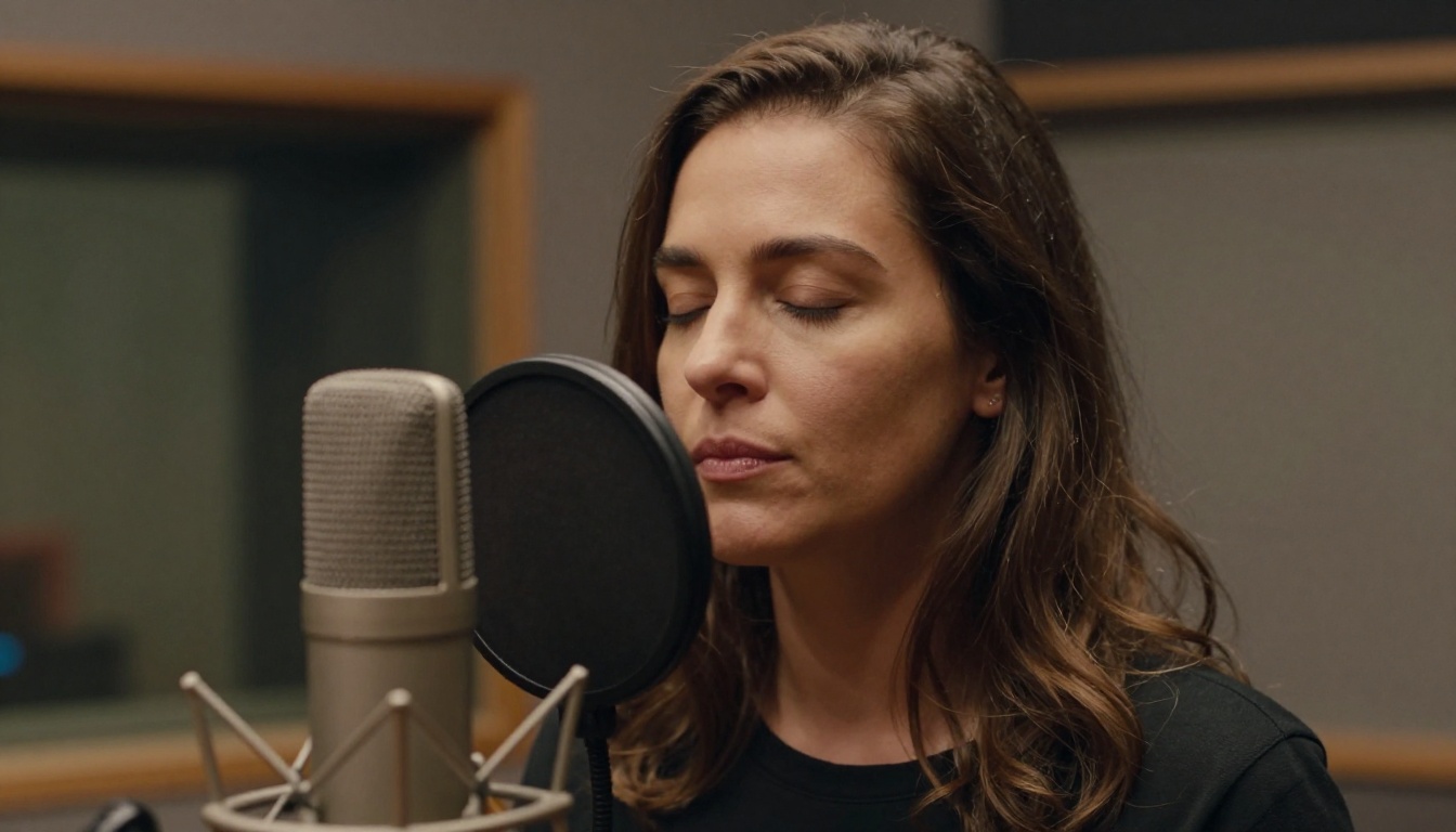 Female vocalist recording in professional vocal booth