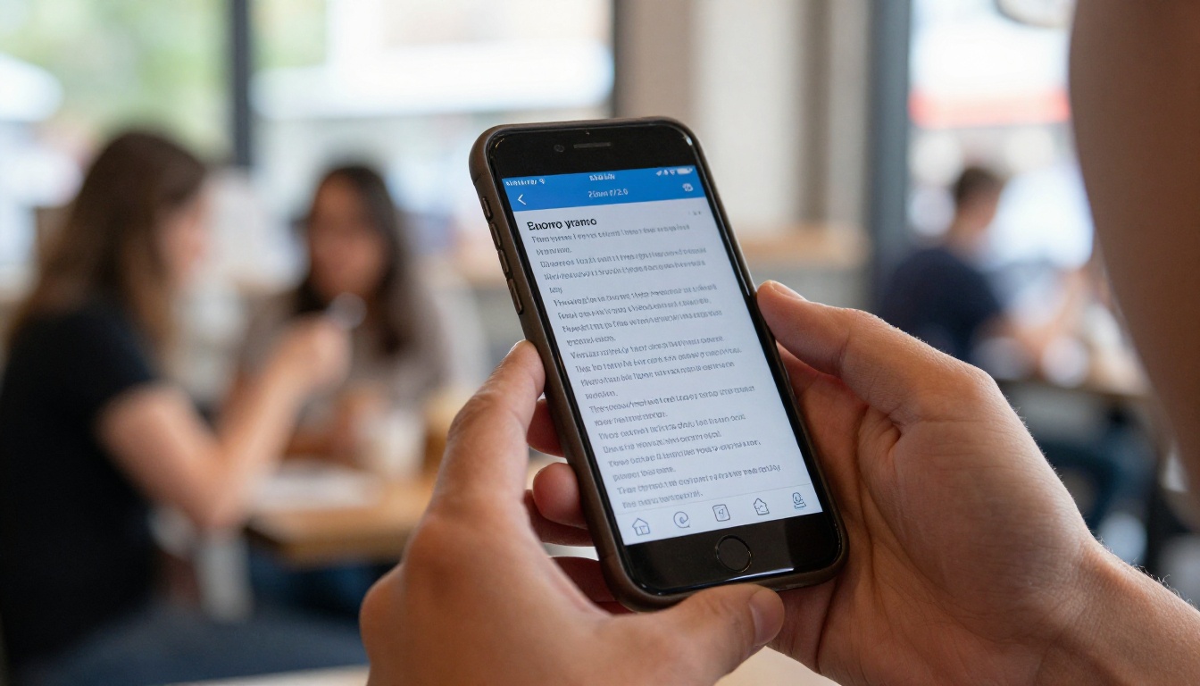 Smartphone showing voice transcription app in outdoor cafe setting