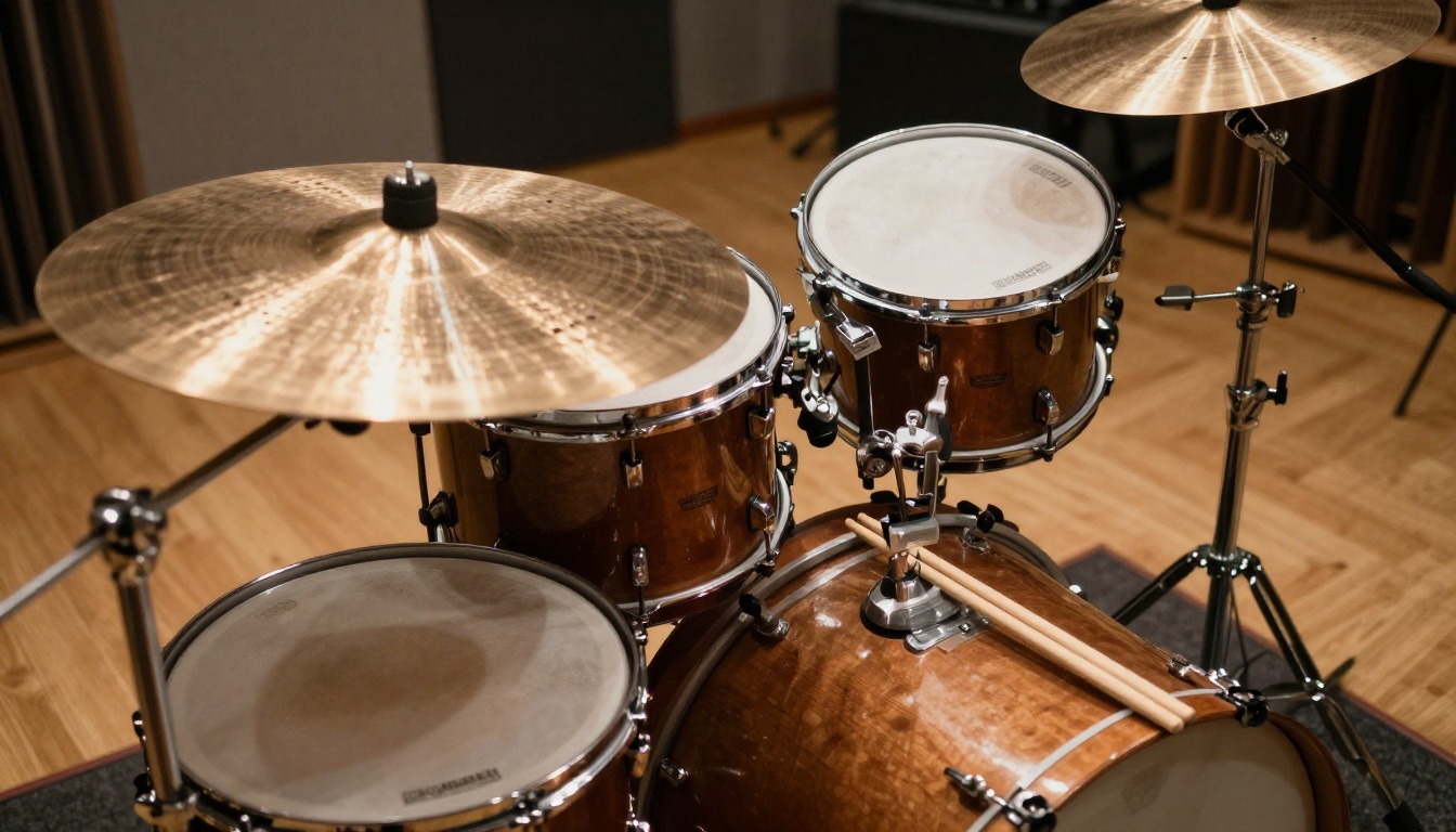 Full drum kit photographed from low angle in recording studio
