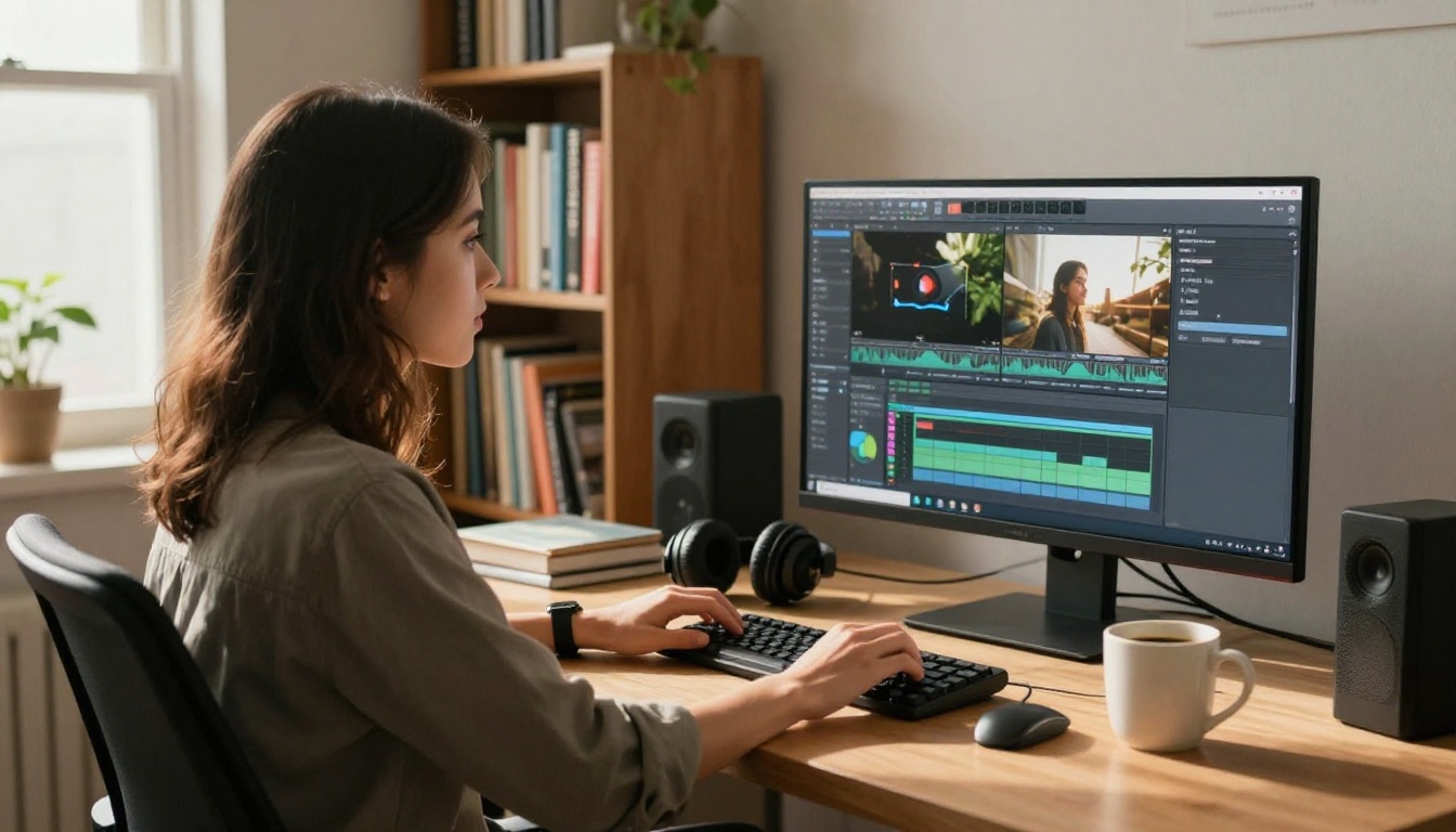 Female content creator editing video with music software