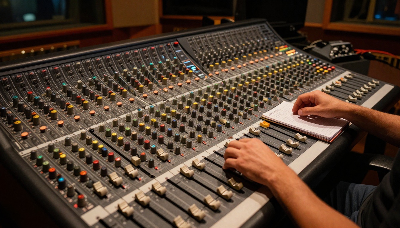 Aerial view of professional mixing console from above