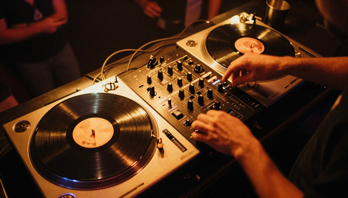 DJ setup with vinyl turntables photographed from above