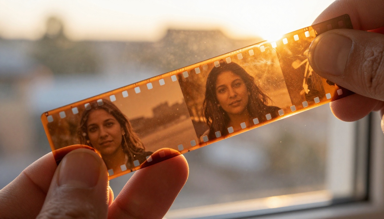 Film strip close-up showing celluloid texture and grain