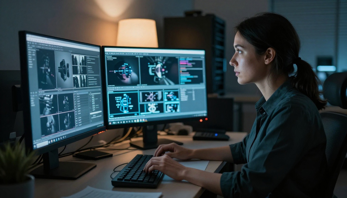 Data scientist analyzing video frame grids on dual monitors at night