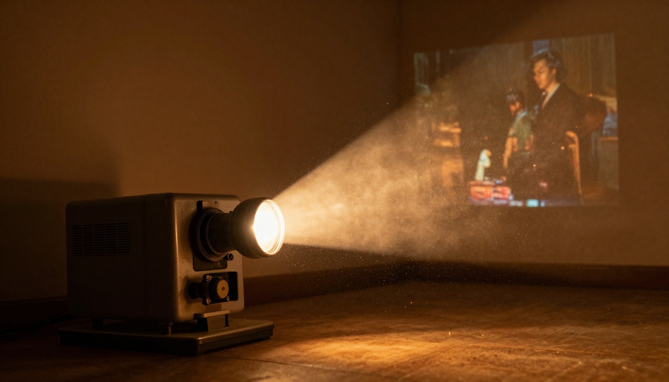 Vintage 8mm film projector casting beam of light in dark room