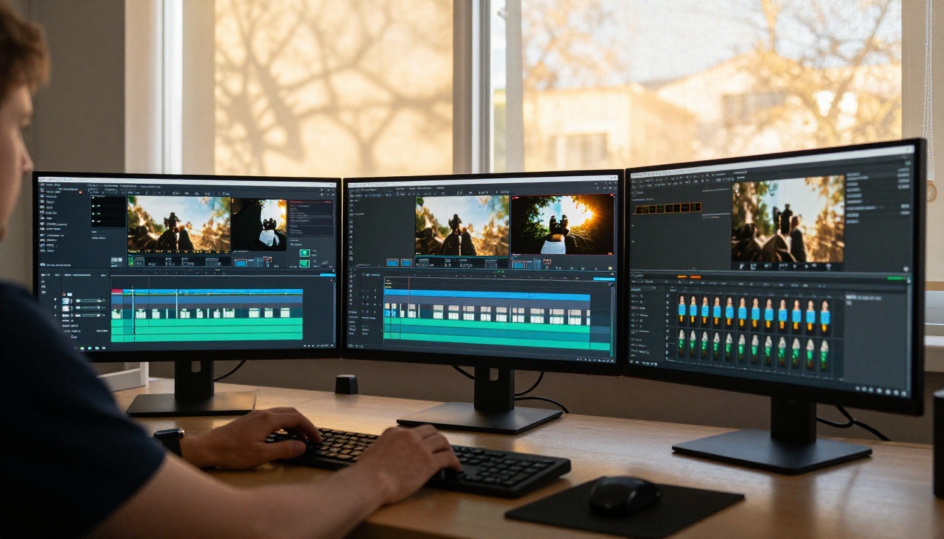 Professional video editor at workstation with multiple monitors