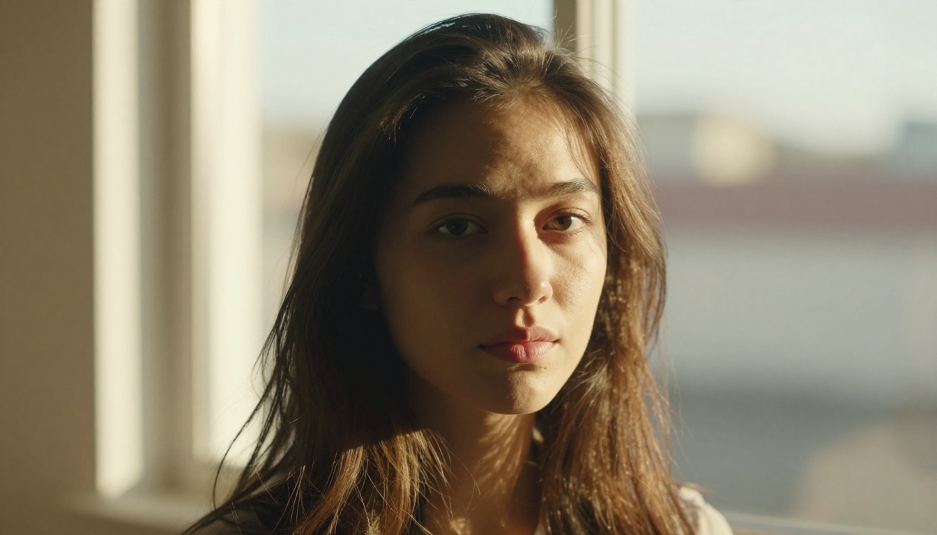 Portrait with natural Rembrandt window lighting showing skin texture