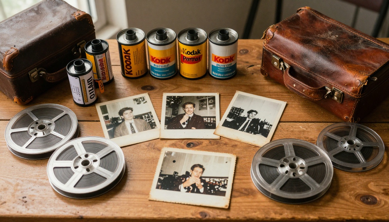 Aerial overhead view of vintage film canisters and old photographs on wooden desk
