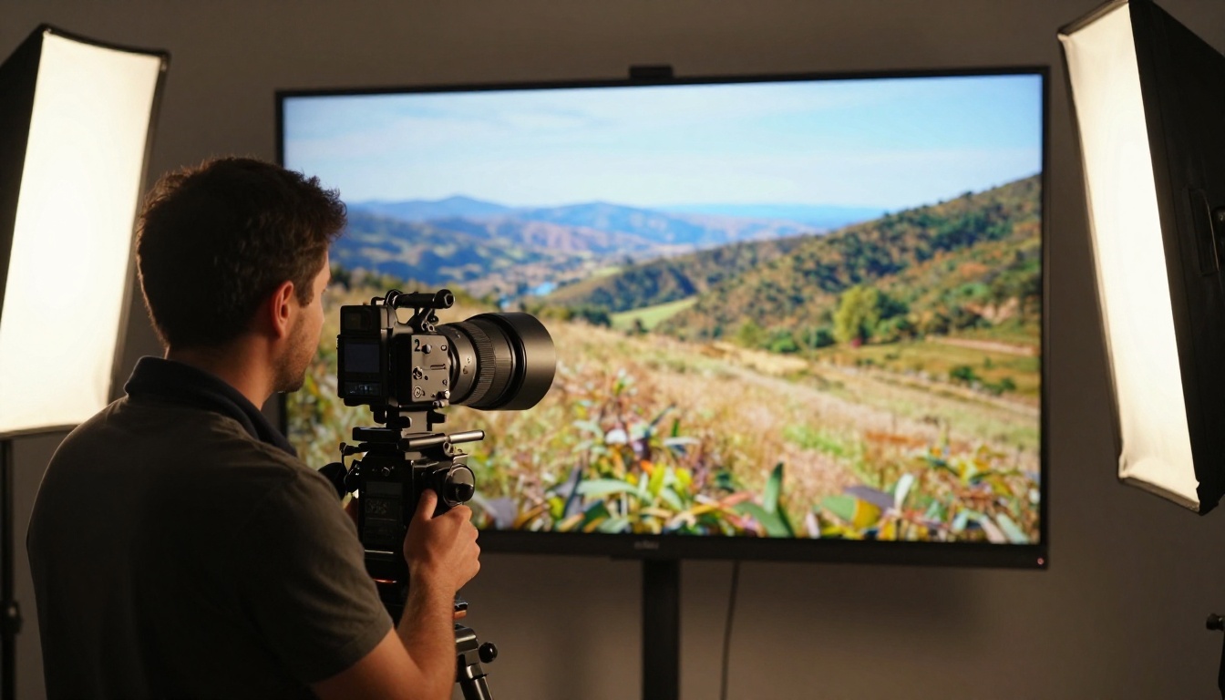 Cinematographer reviewing 4K broadcast monitor in professional studio