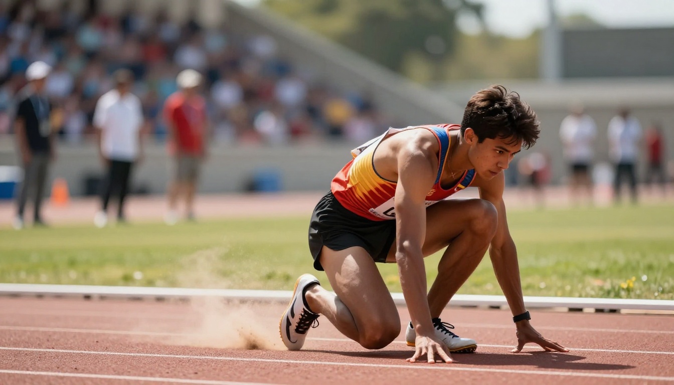 Sports photographer at ground level capturing sprinting athlete in sharp focus