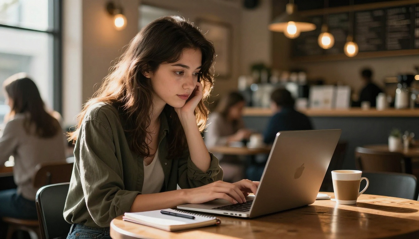 Creative woman using laptop in warm coffee shop with natural window light