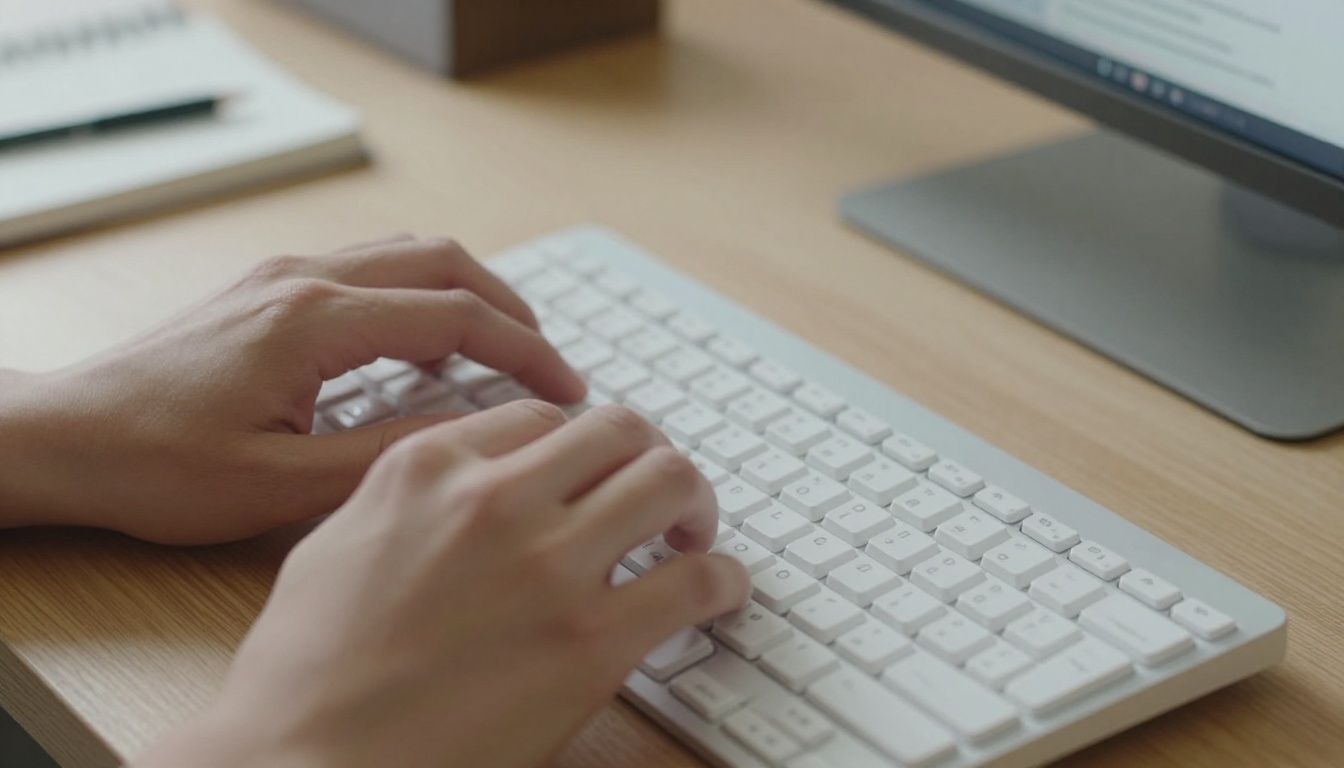Hands typing on a mechanical keyboard with a chat interface visible on screen