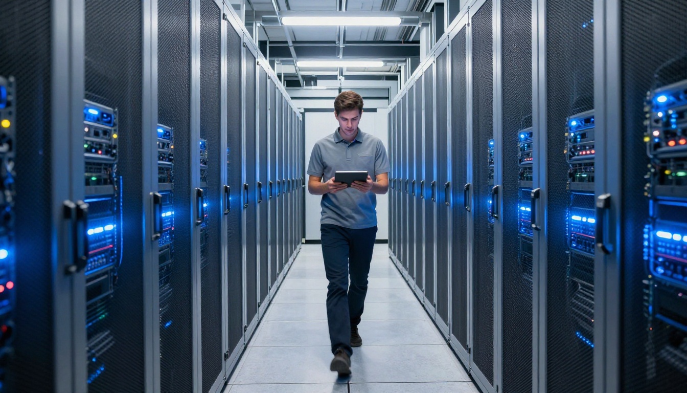 Server racks inside a modern data center corridor with a technician walking between rows