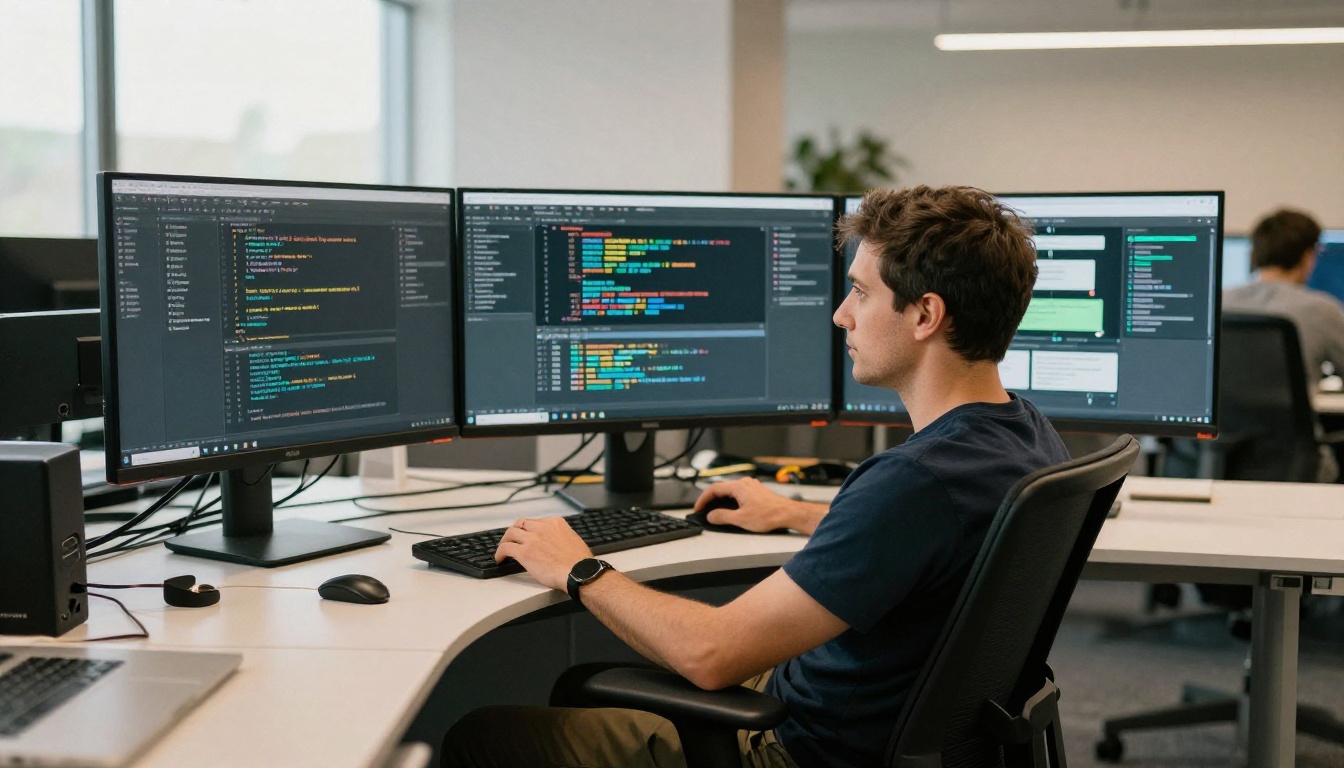 Software engineer in a modern open-plan office with three monitors showing code, chat, and data interfaces