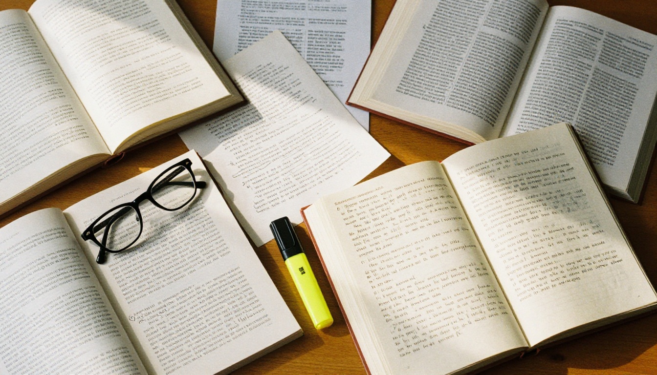 Aerial overhead view of a wooden desk covered with open books, printed documents, and handwritten notebooks