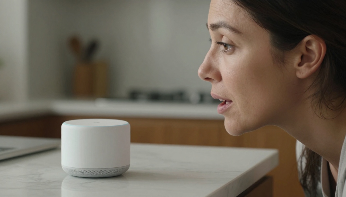 Woman in profile speaking naturally toward a white smart speaker on a marble kitchen countertop