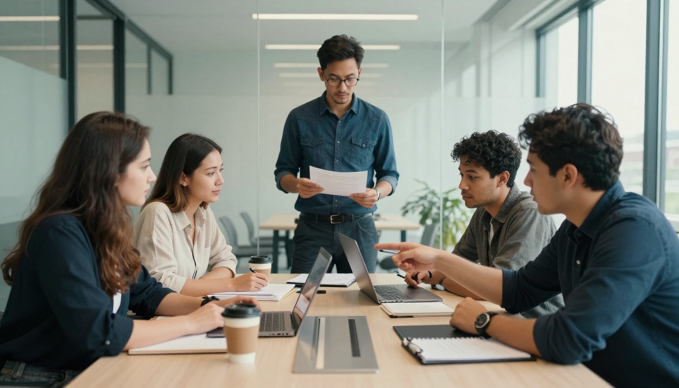 Three professionals gathered around a conference table looking at a laptop in a glass-walled office