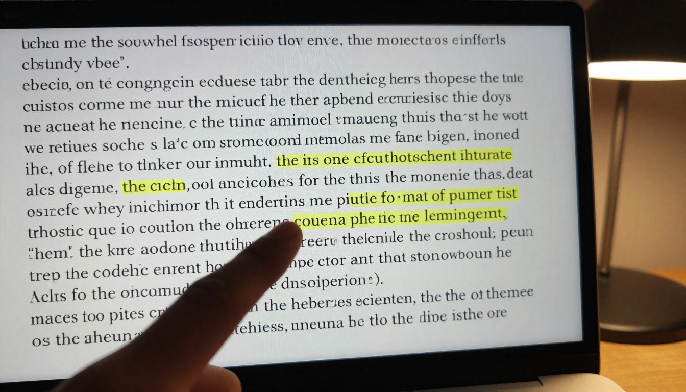 Close-up of a monitor screen showing highlighted text words suggesting tokenization or text segmentation
